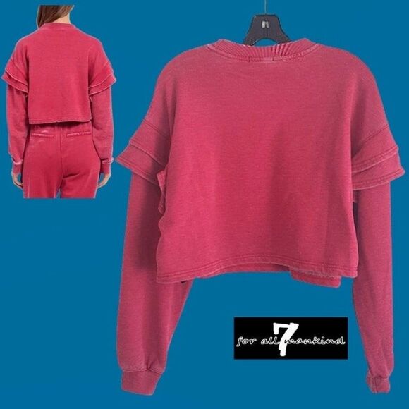 7 FOR ALL MANKIND NEW RED BERRY Ruffled Drop Shoulders Cropped Sweatshirt - Picture 9 of 11